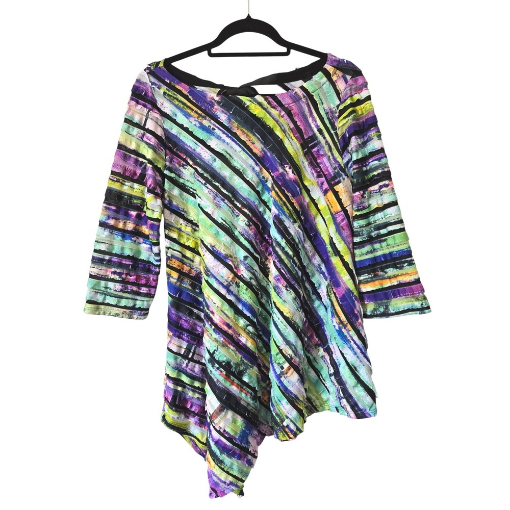 IC by Connie K Large Tunic Top Womens Multicolor Ruffle Mesh Asymmetric Back Tie